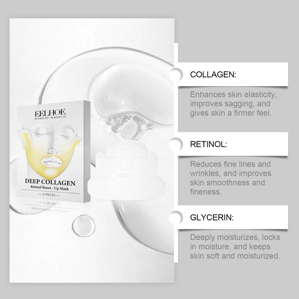 Collagen facial mask set containing 4 sheet masks for skincare treatment