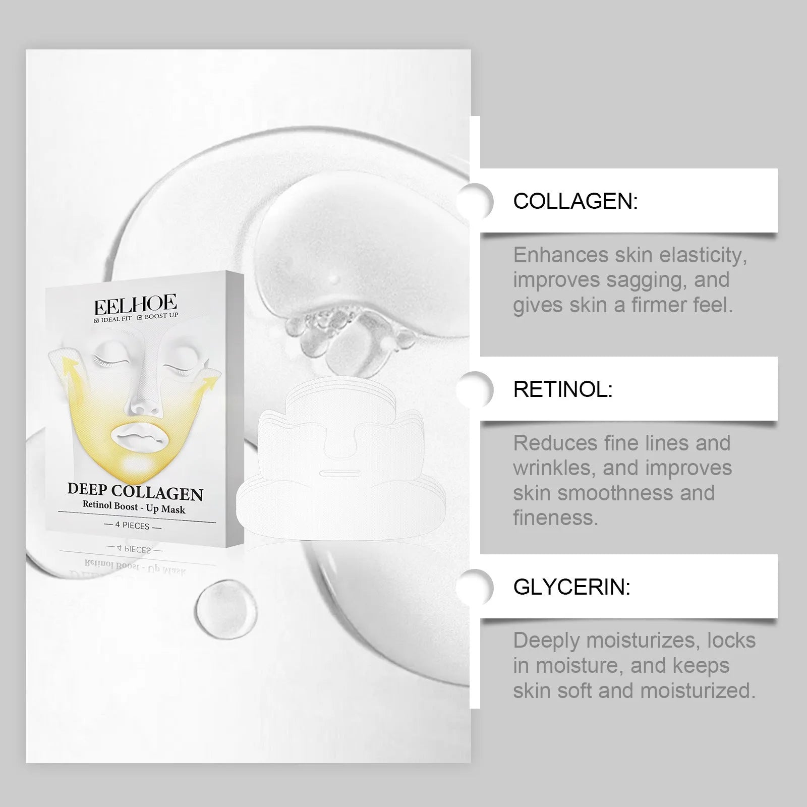 Collagen facial mask set containing 4 sheet masks for skincare treatment