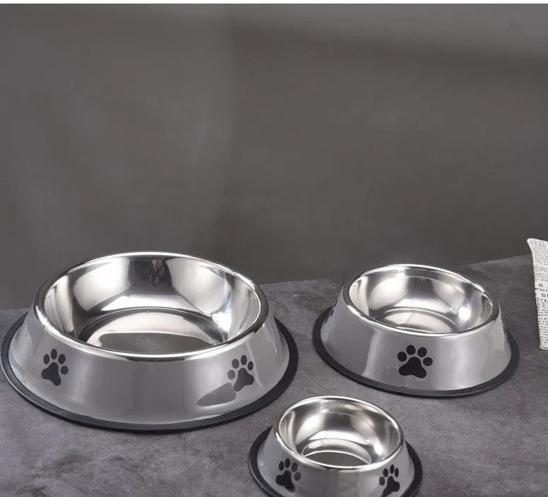 Printed non-slip stainless steel pet bowl for dogs and cats, size 22cm, in gray colour