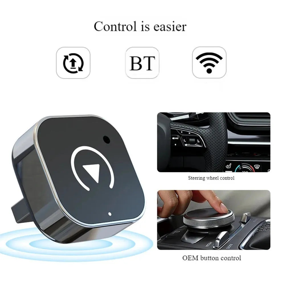 Black wireless CarPlay conversion adapter with USB connection for vehicle factory systems