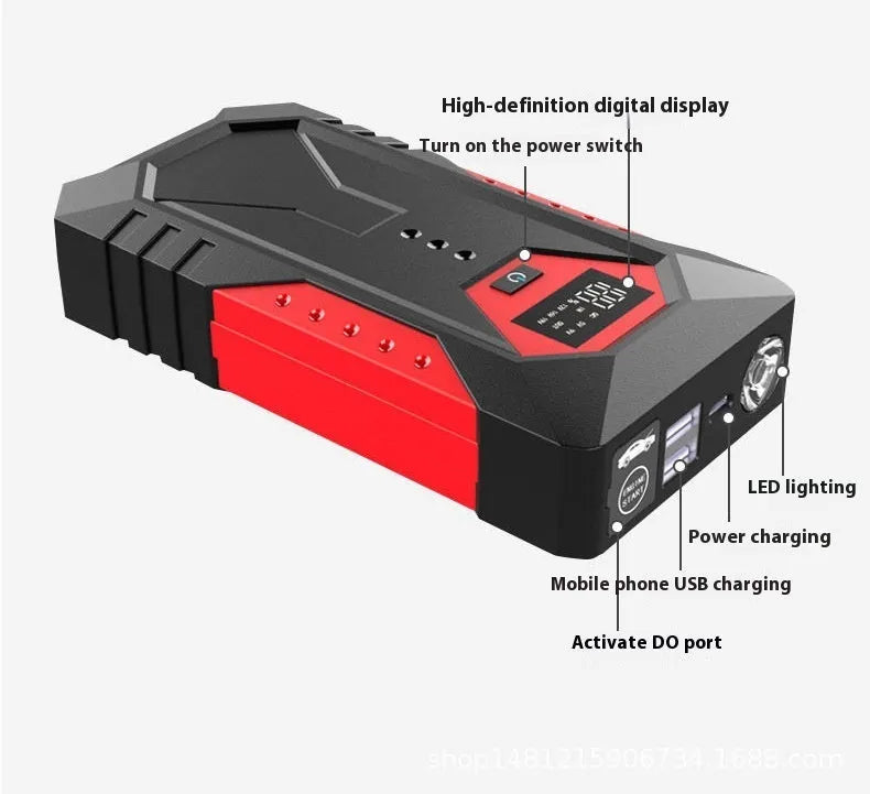 Red 12V car emergency start power bank with 18800mAh capacity and battery clamps