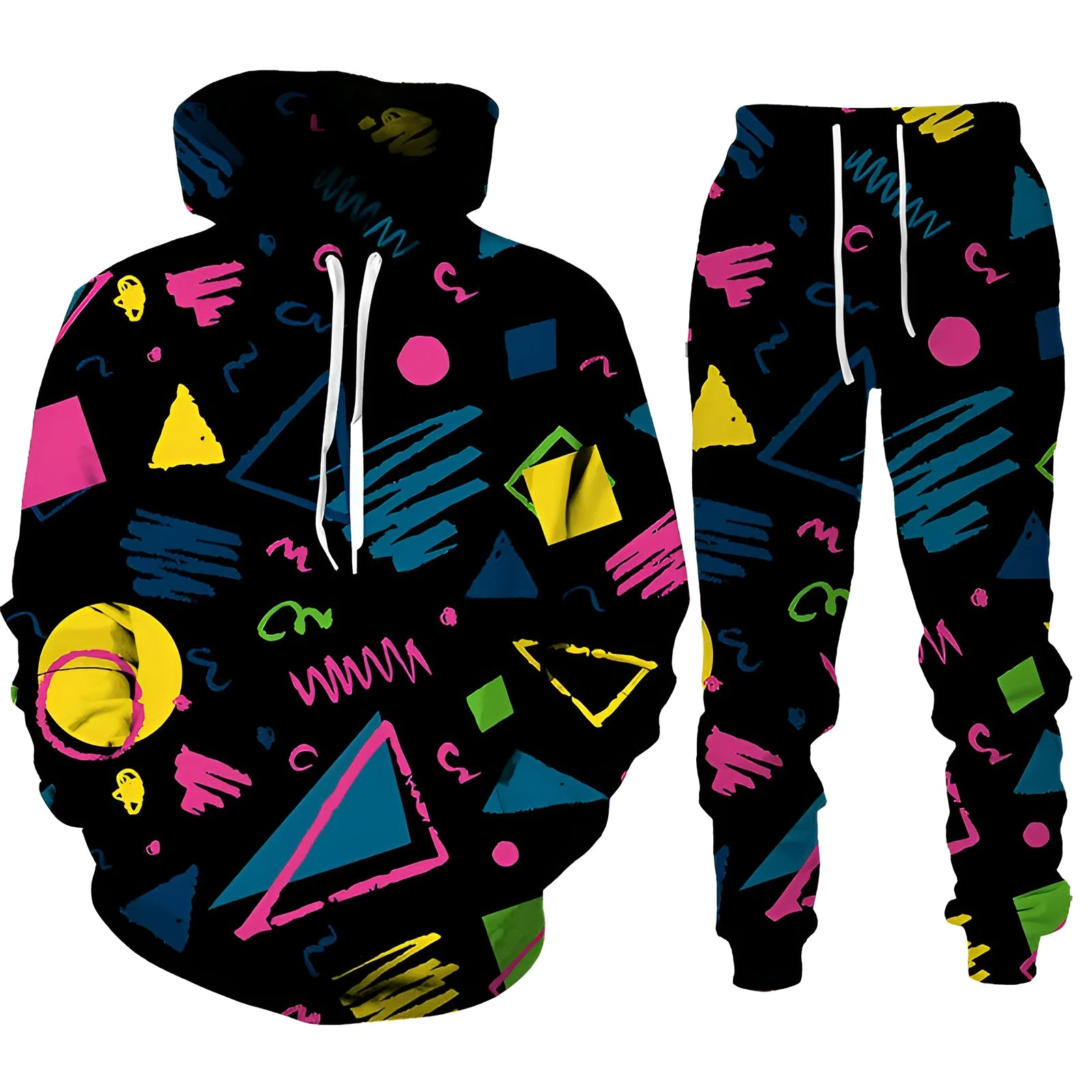3D printed sports hoodie and long pants set for men, loose fit, black colour