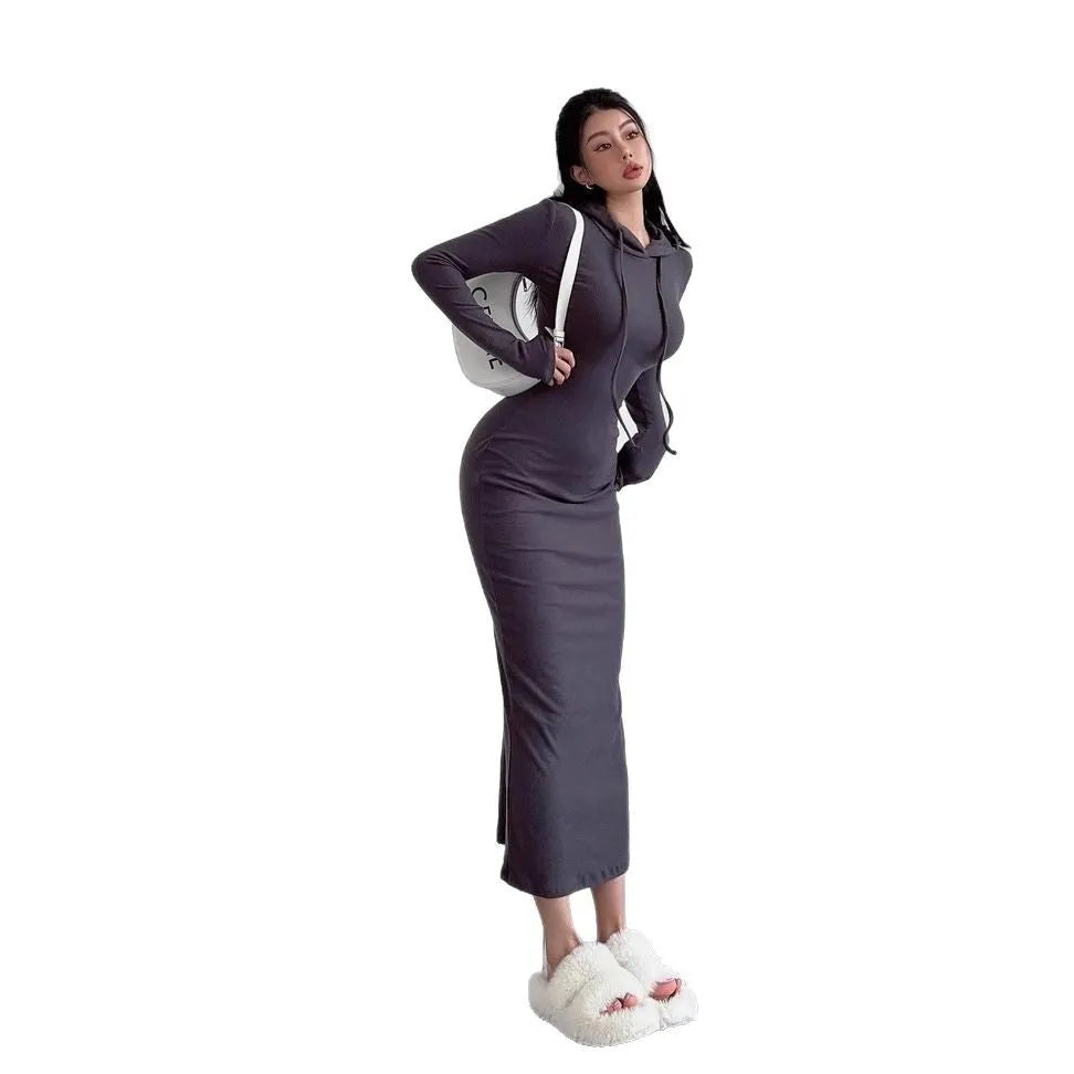 Women's long sleeve hooded sheath dress in polyester, shown in light grey colour