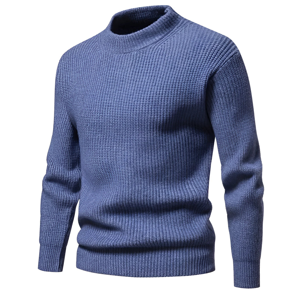 Men's casual knitted solid colour slim fit polyester sweater in dark gray, blue, and light brown, sizes M to XXXL