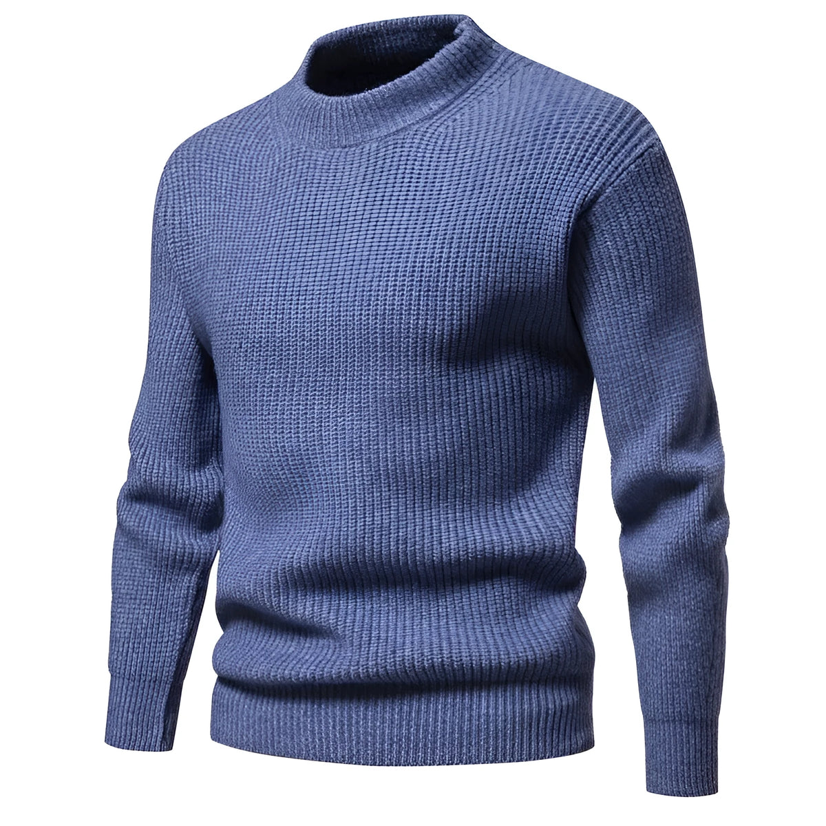 Men's casual knitted solid colour slim fit polyester sweater in dark gray, blue, and light brown, sizes M to XXXL