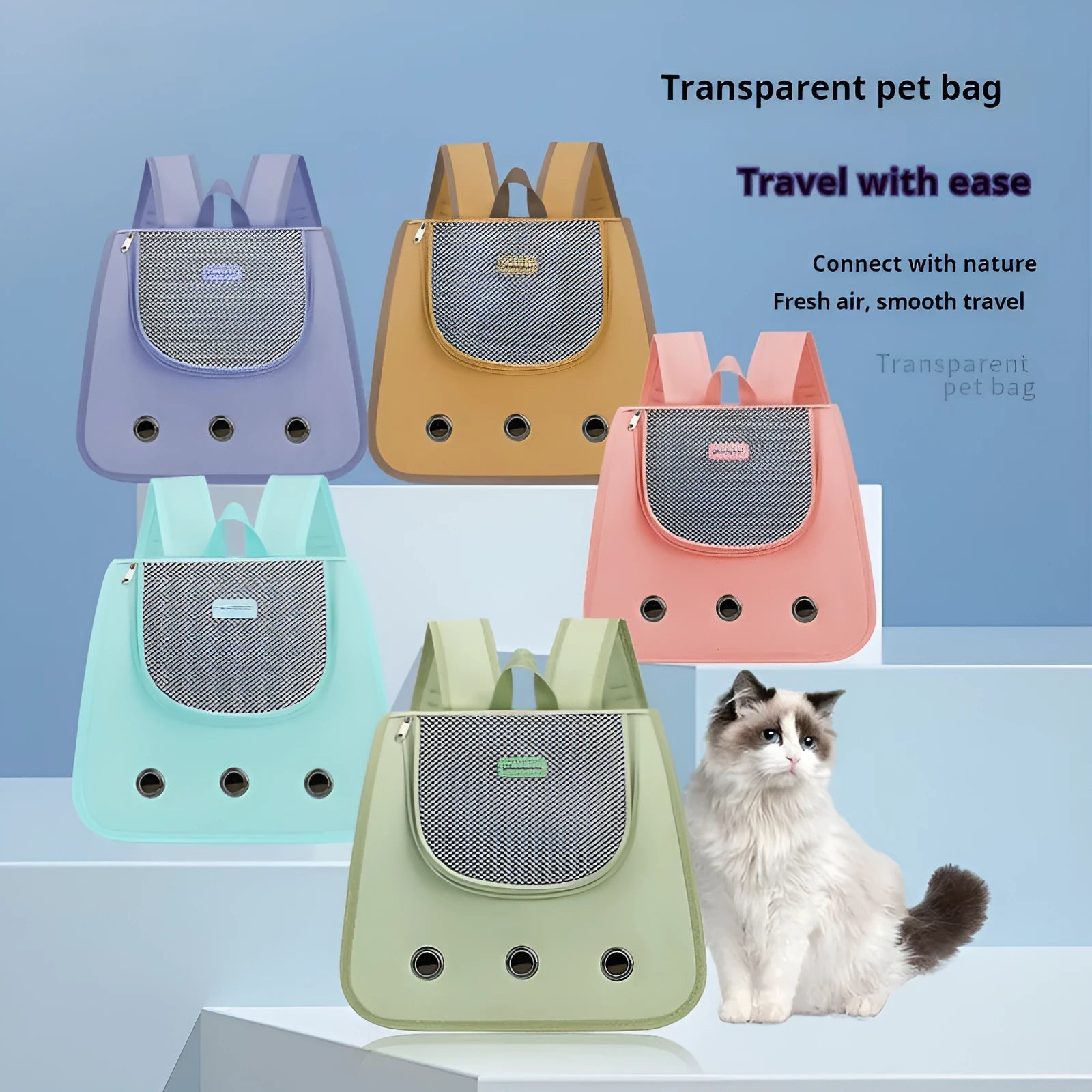 Medium capacity cat backpack in Oxford fabric with shoulder straps, shown in khaki colour
