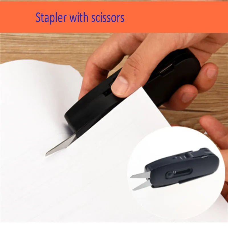 KOONSLED multifunctional mini stapler in black with built-in staple remover on desk