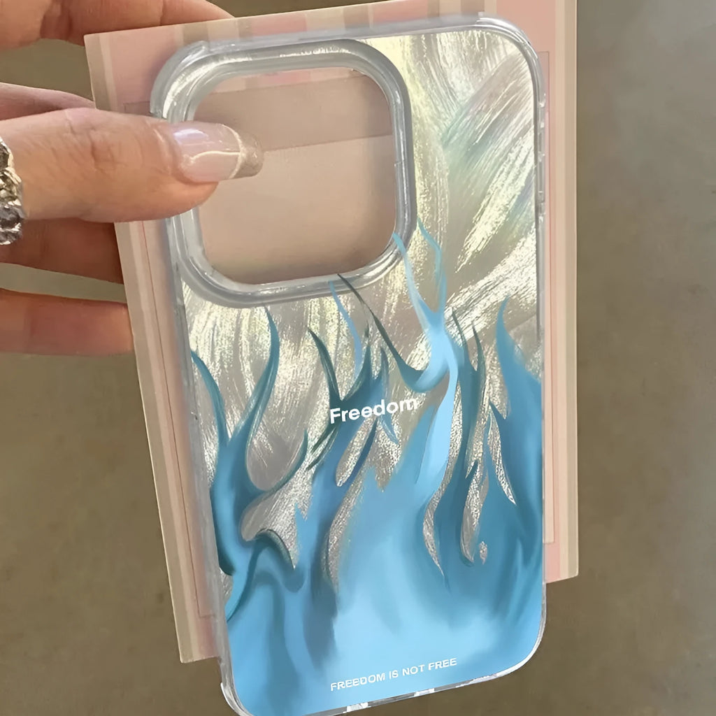Silicone iPhone case featuring a red and blue floral flame design on a dark background.