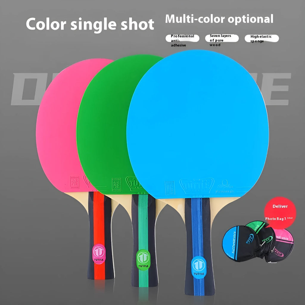 Colourful table tennis racket with pure wood blade and protective bag in pink, blue or green shakehand grip