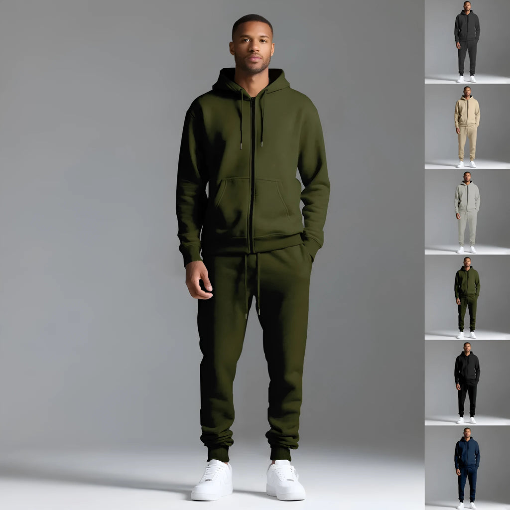 Men's hooded sportswear set in black with long sleeve jacket and long pants, cotton-polyester blend.