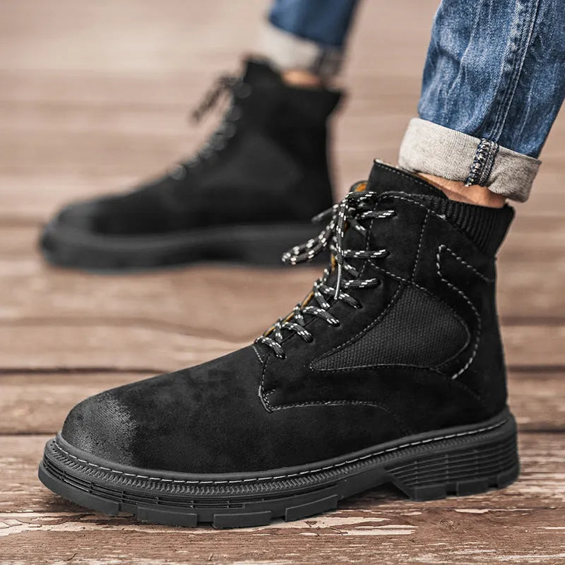 Men's ankle-high Martin boots in frosted grey microfibre leather with a thick rubber sole.