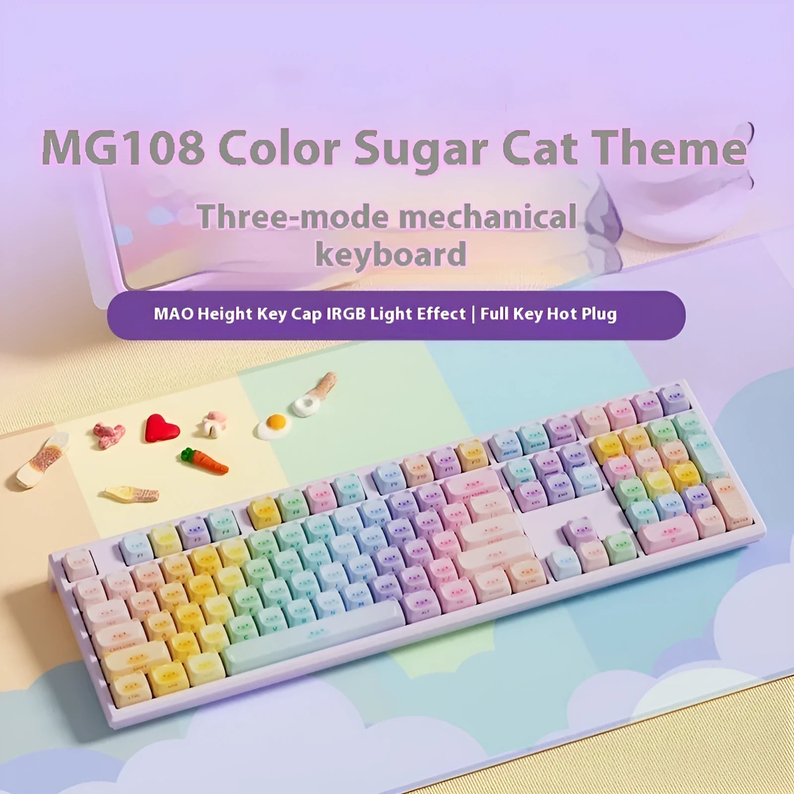 Coloured sugar cat theme mechanical keyboard with MG108B colour scheme and Bluetooth connectivity