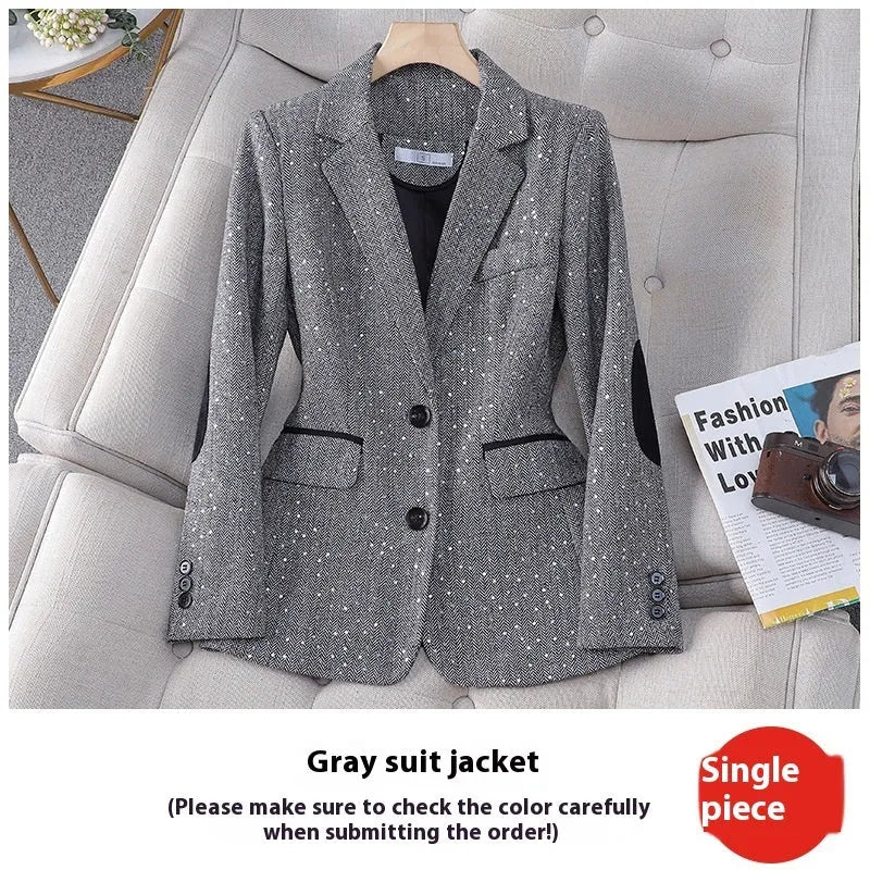 Women's Korean-style houndstooth blazer in coffee colour, long sleeve, polyester fabric, front view