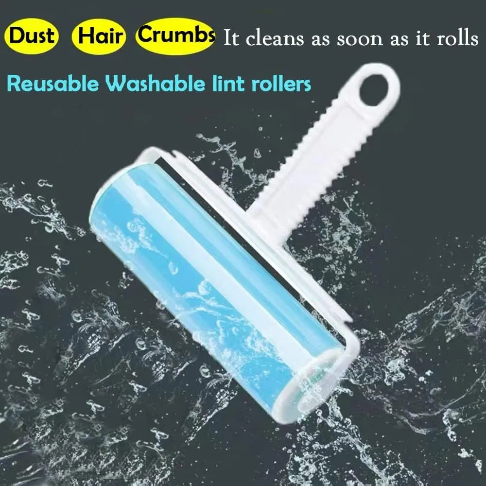 Blue reusable washable lint roller with cover for removing pet hair from clothes.