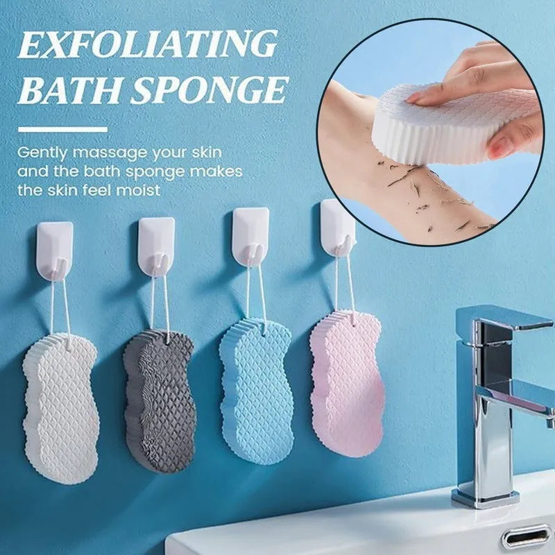 White 3D fish scale pattern bath sponge with hang loop on a bathroom background.