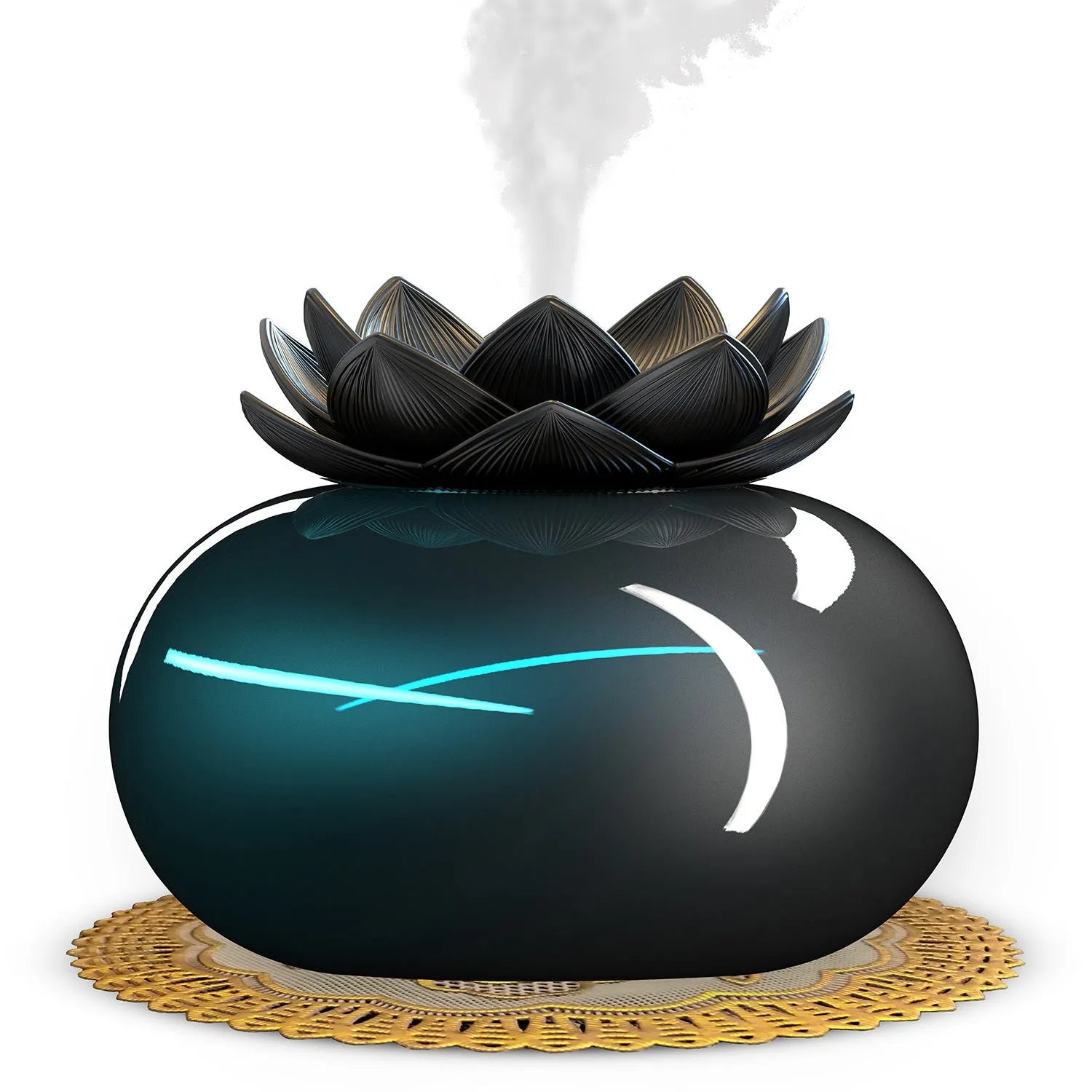 Round pure black lotus aromatherapy ultrasonic humidifier with USB cable.