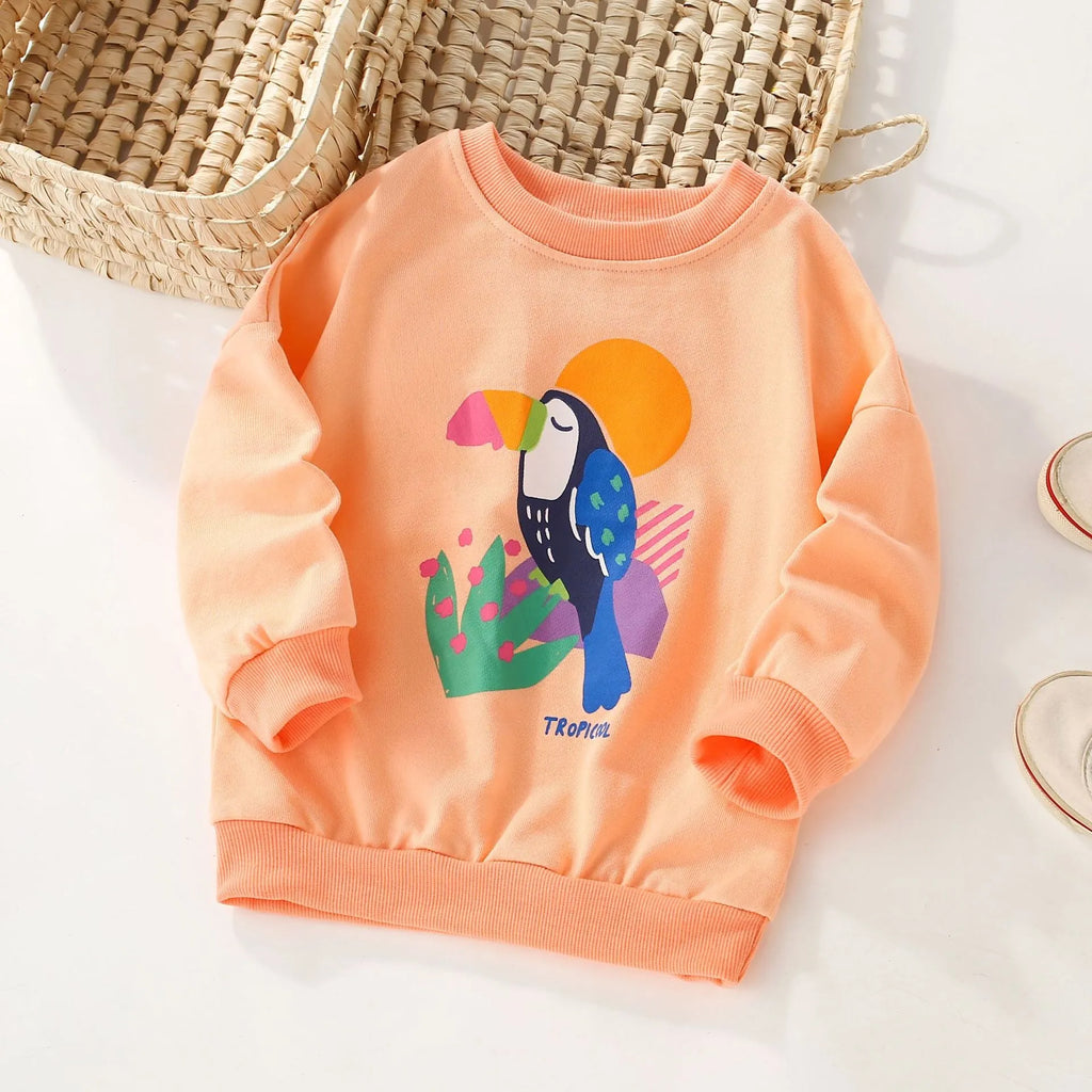 Girls' 100% cotton sweater coat with cartoon animal print and cotton lining, pullover style, no hood