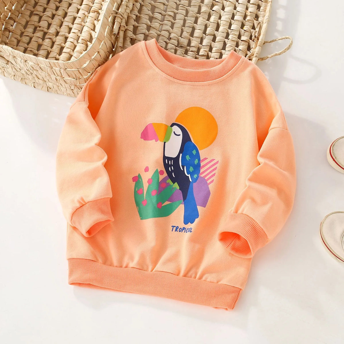 Girls' 100% cotton sweater coat with cartoon animal print and cotton lining, pullover style, no hood