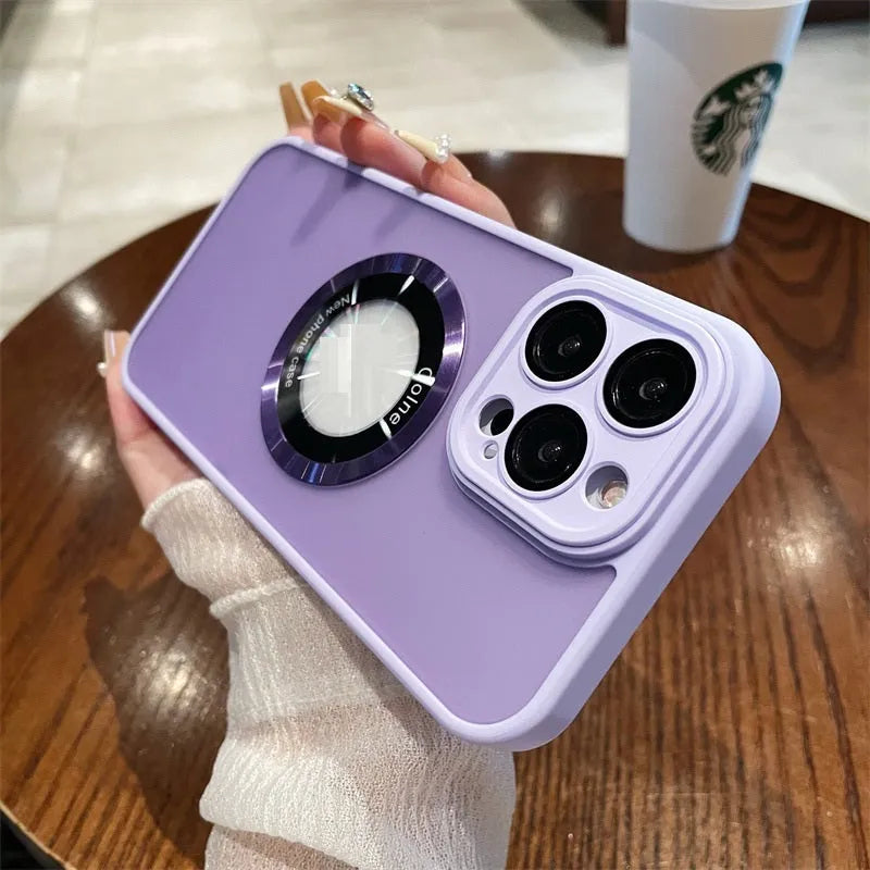 Magnetic frosted PC phone case for iPhone 15 series in dark purple with magnetic attachment