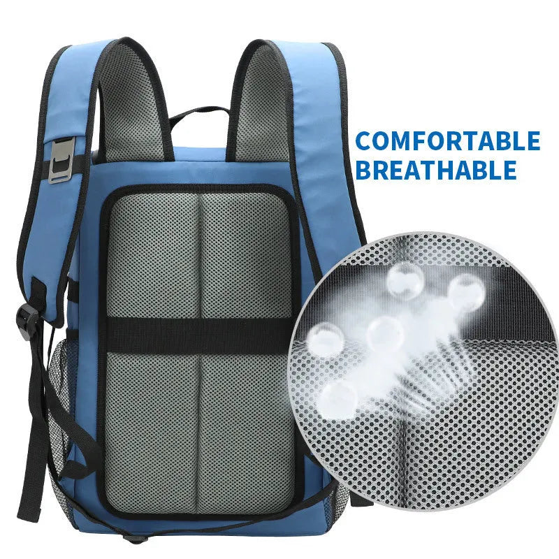 20 litre cloth backpack with bottle opener on shoulder strap in black, blue, pink, or red