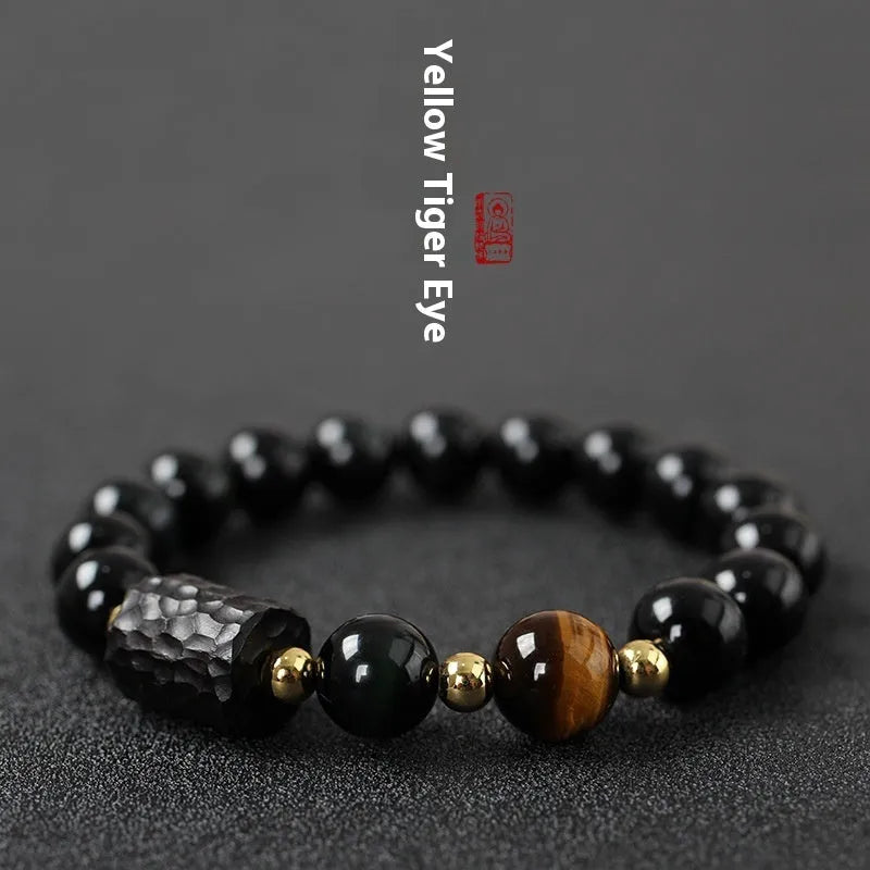 Obsidian bracelet with 10mm yellow tiger eye beads for men and women