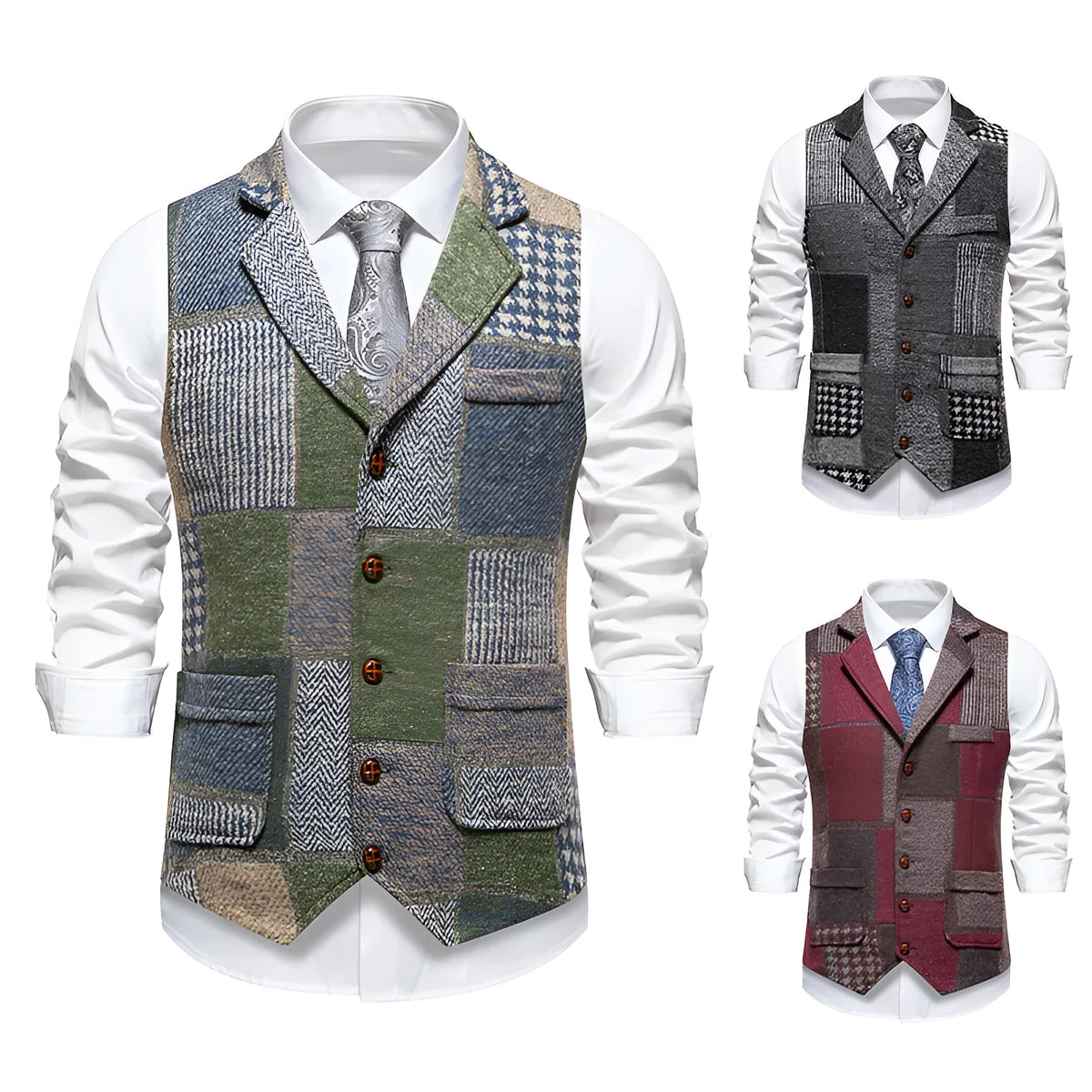 Men's retro patchwork lapel suit vest in gray plaid pattern with patch pockets, chemical fibre blend fabric