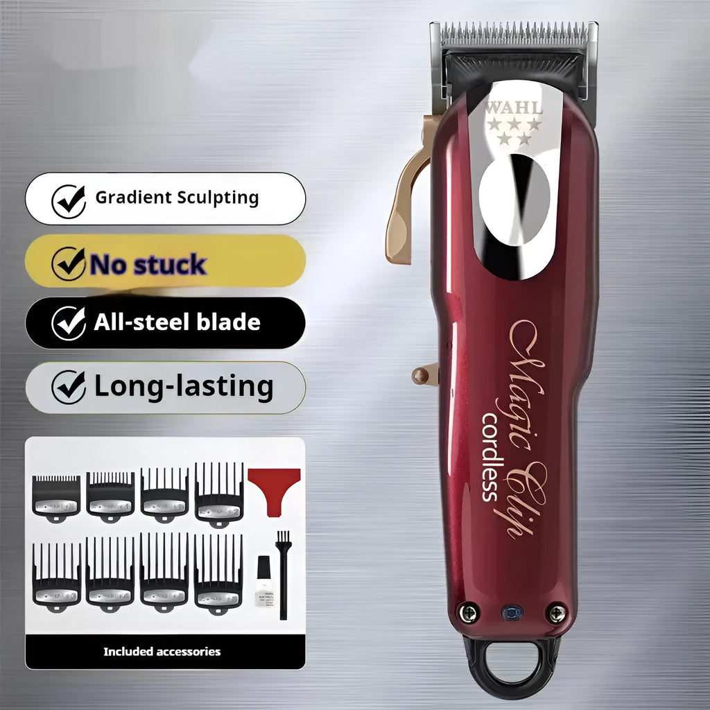 Charging cordless hair clippers set with stainless steel cutter head on a white background