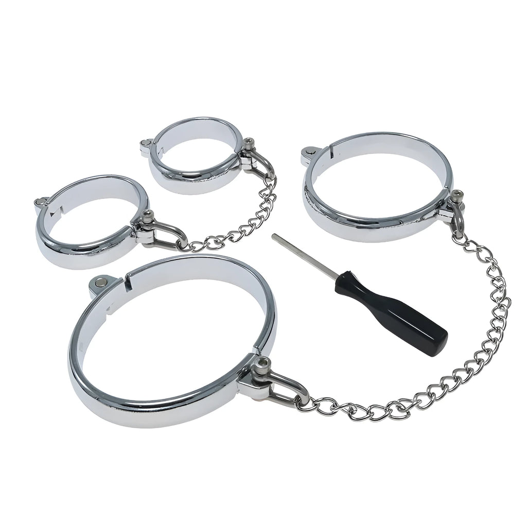 Silver zinc alloy handcuffs and footcuffs set for adults on a dark background