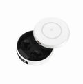 Mini small semi-in-ear wireless headphones in black, colour, or white with charging compartment.