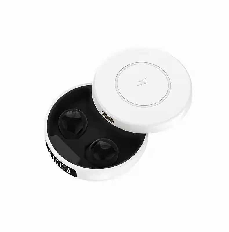 Mini small semi-in-ear wireless headphones in black, colour, or white with charging compartment.