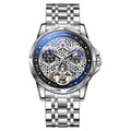 Men's automatic waterproof watch with luminous hands on a stainless steel bracelet.