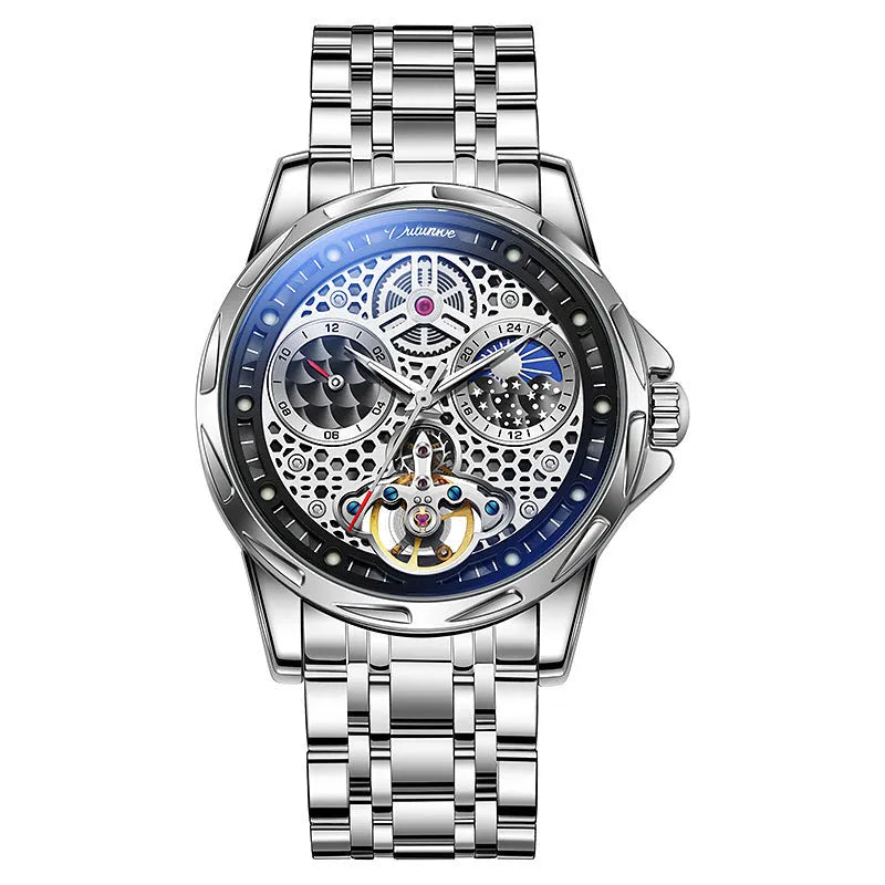 Men's automatic waterproof watch with luminous hands on a stainless steel bracelet.