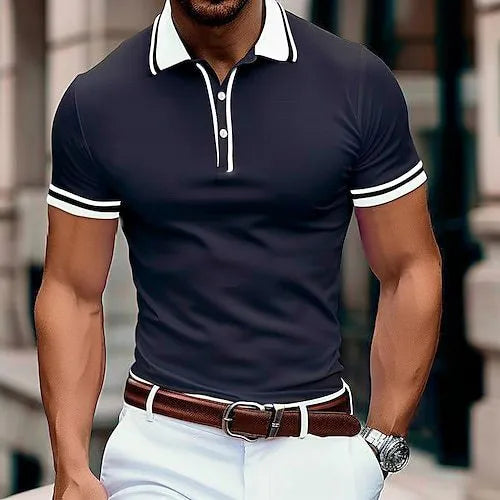 Man wearing a loose-fit striped short-sleeve t-shirt in a casual setting.