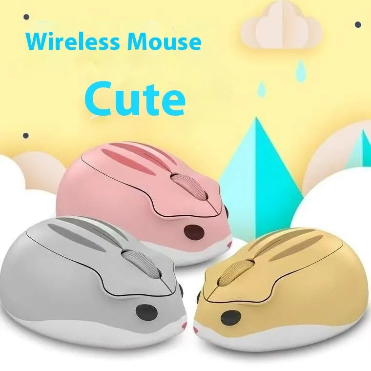 Compact wireless Bluetooth mute mouse shown in grey, pink, and yellow colour options