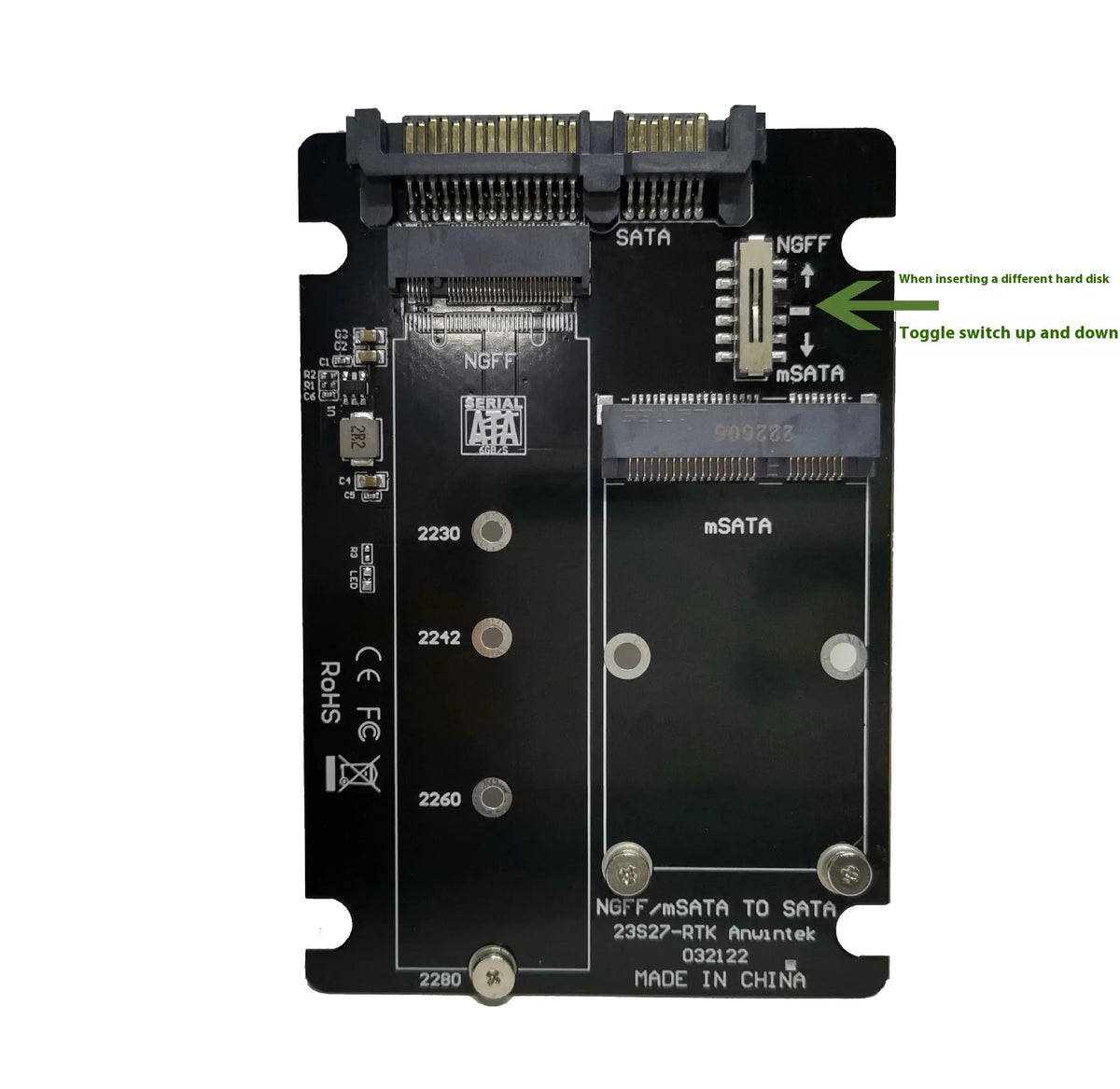 M.2 NGFF to SATA3.0 SSD adapter card with mSATA and dual card options, USB3.0 interface