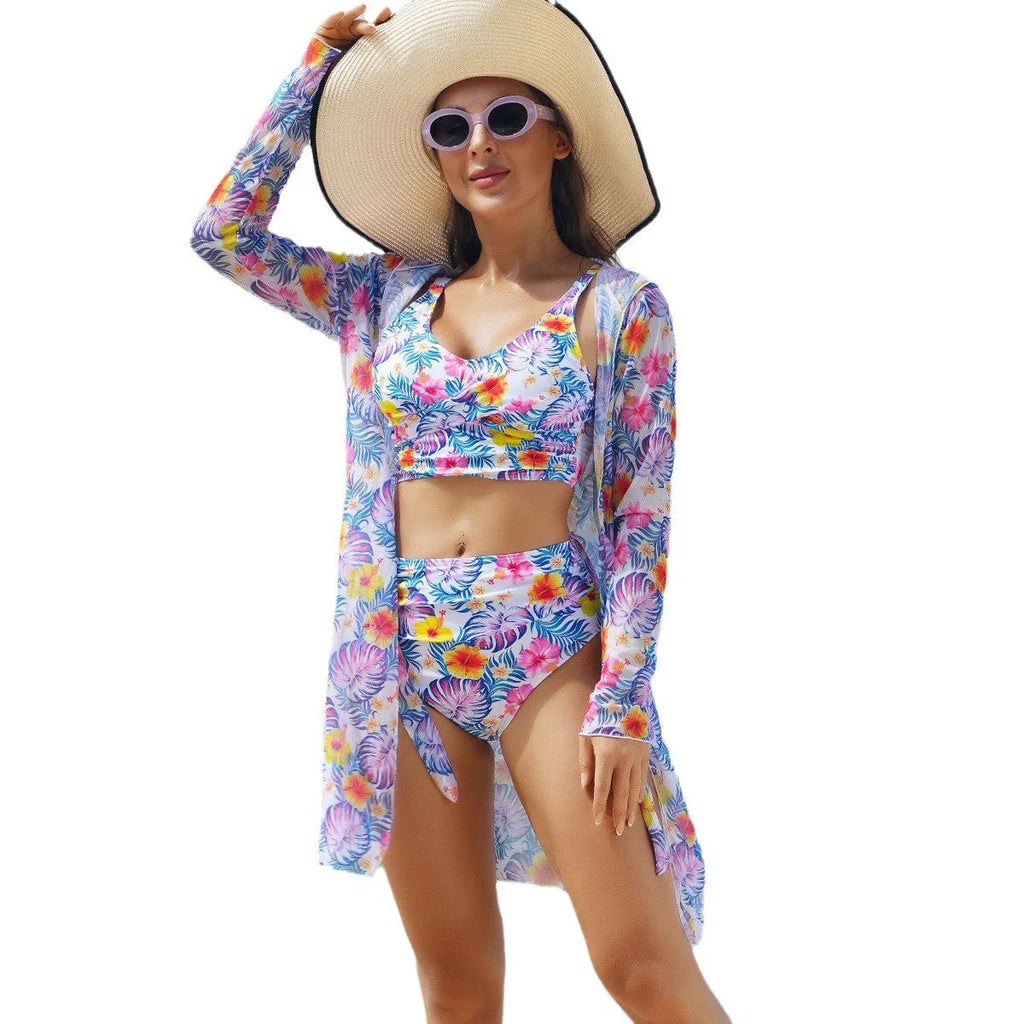 Multicolor printed bikini three piece swimsuit for women, top, pants, and coat, polyester fabric pattern 1.