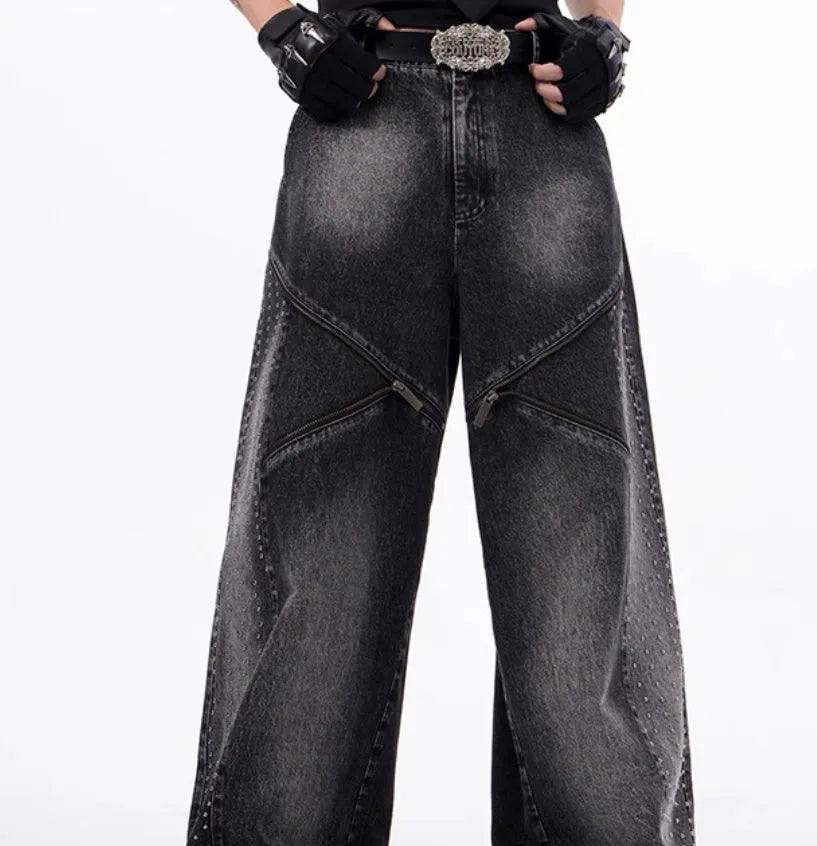 Korean style two-piece set with structure zipper wide leg pants and matching top in black and grey washed cotton denim