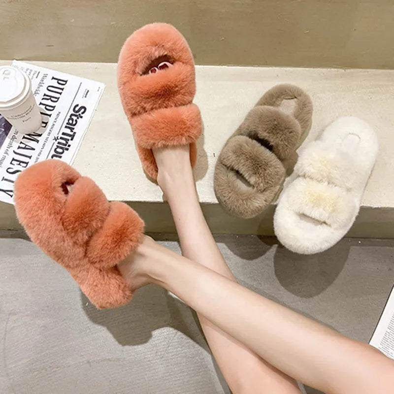 Fuzzy women's house slippers with faux fur upper and rubber sole, 3.5cm thick, in black beige khaki light blue or orange.