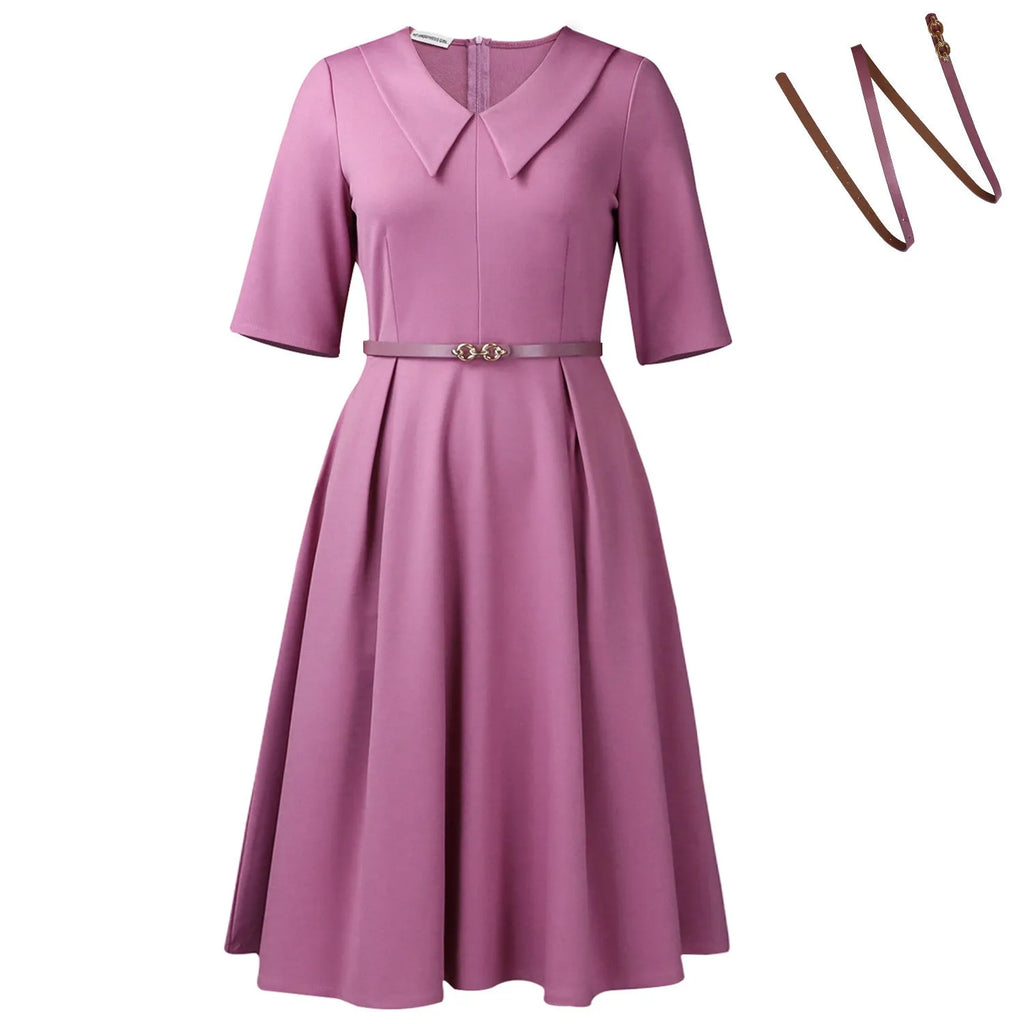 African half-sleeve dress with matching belt in solid colours showing high waist design