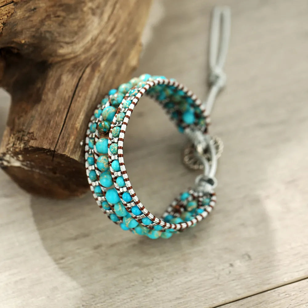 Handmade turquoise bracelet with geometric starry sky design in green