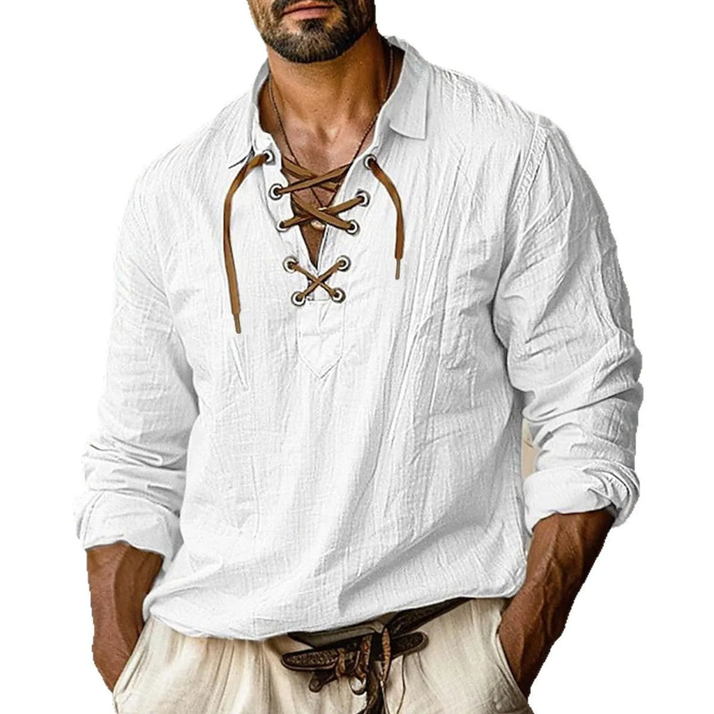 Men's loose blue linen-blend shirt with lapels and long sleeves on a hanger.
