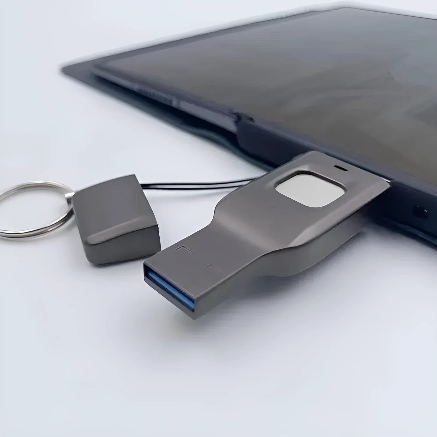 Black fingerprint USB flash drive with metal casing showing USB 3.0 and Type-C interfaces