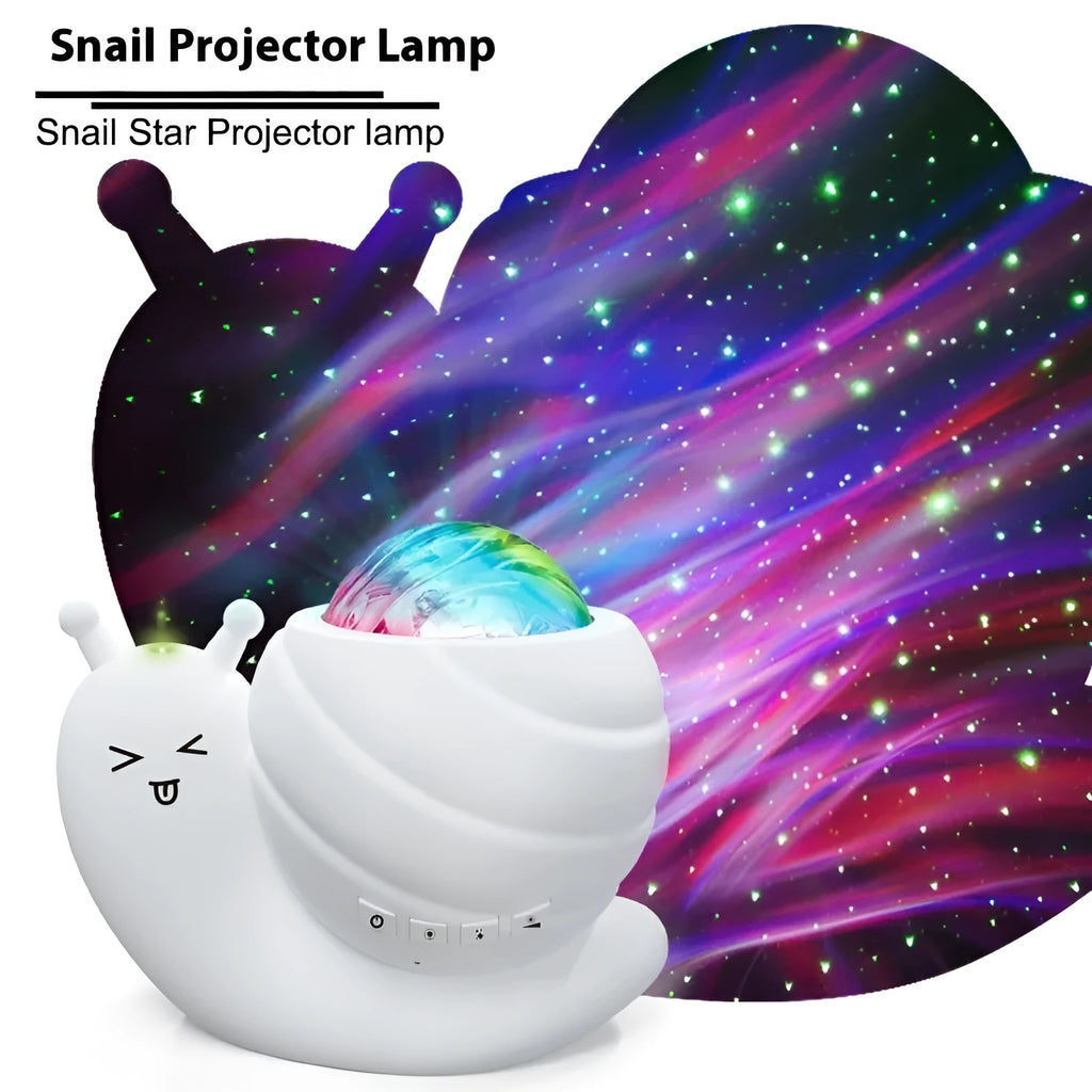 Snail starry sky projection lamp in blue colour with remote control on table