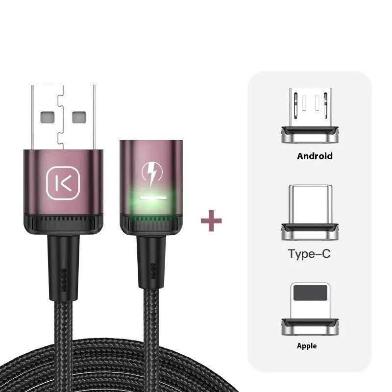 3-in-1 magnetic data cable with woven braid, aluminum alloy connector, Lightning Micro USB Type-C ports in black