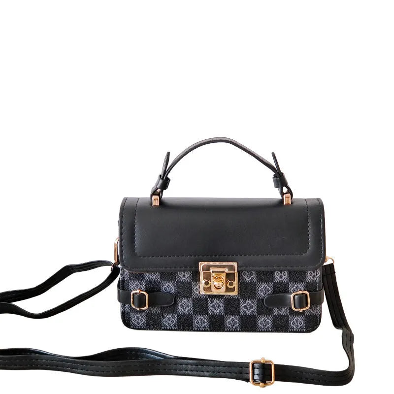 Retro square patterned women's crossbody bag in PU leather showing floral design.