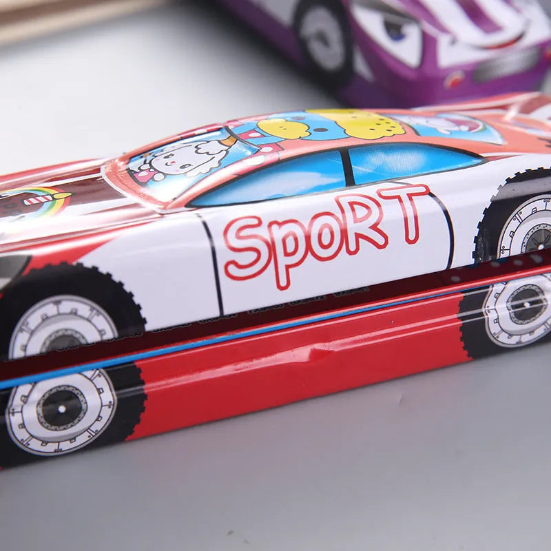 Tinplate racing car stationery box with cartoon patterns and double-layer design