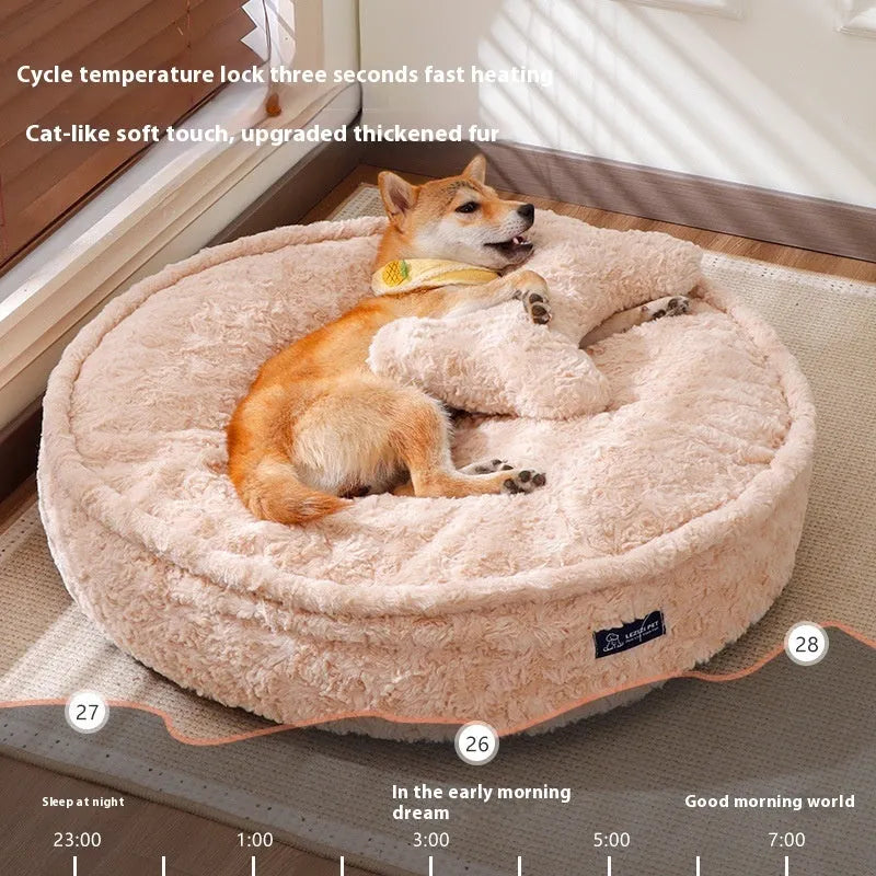 Round cloth pet bed in milk tea colour showing removable washable design for pet hygiene