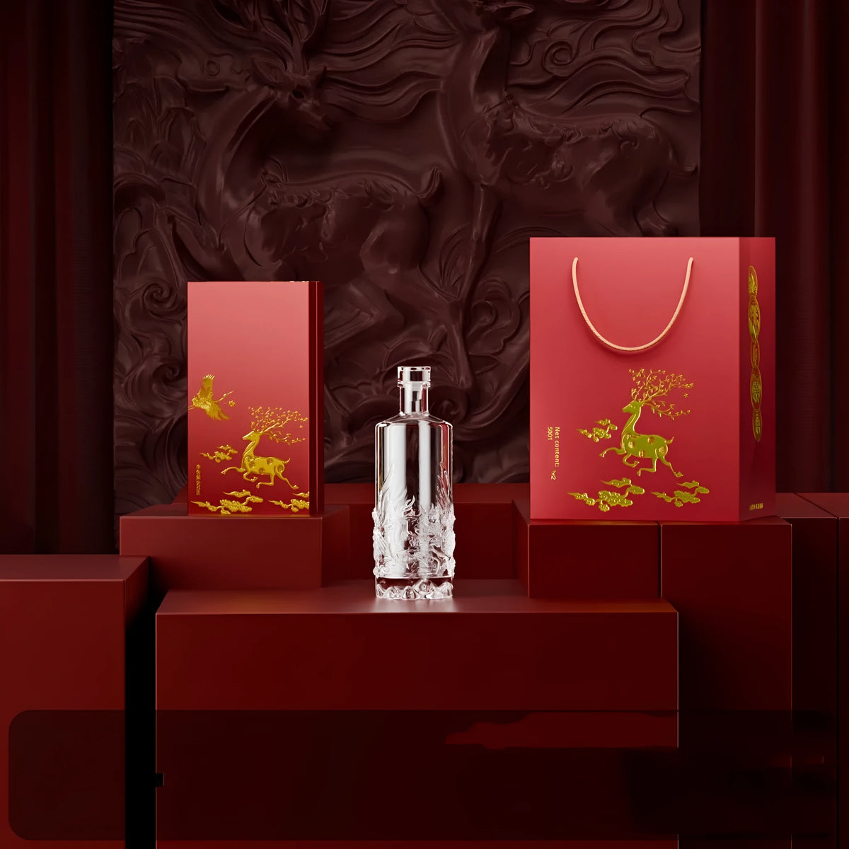 Two empty crystal glass wine bottles with two wine boxes and one handbag, traditional cylindrical shape for liquor