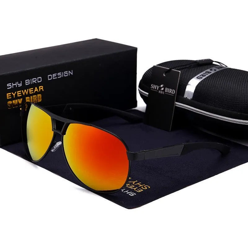 Men's orange red polarised aviator sunglasses with metal frame and teardrop-shaped TAC lenses.