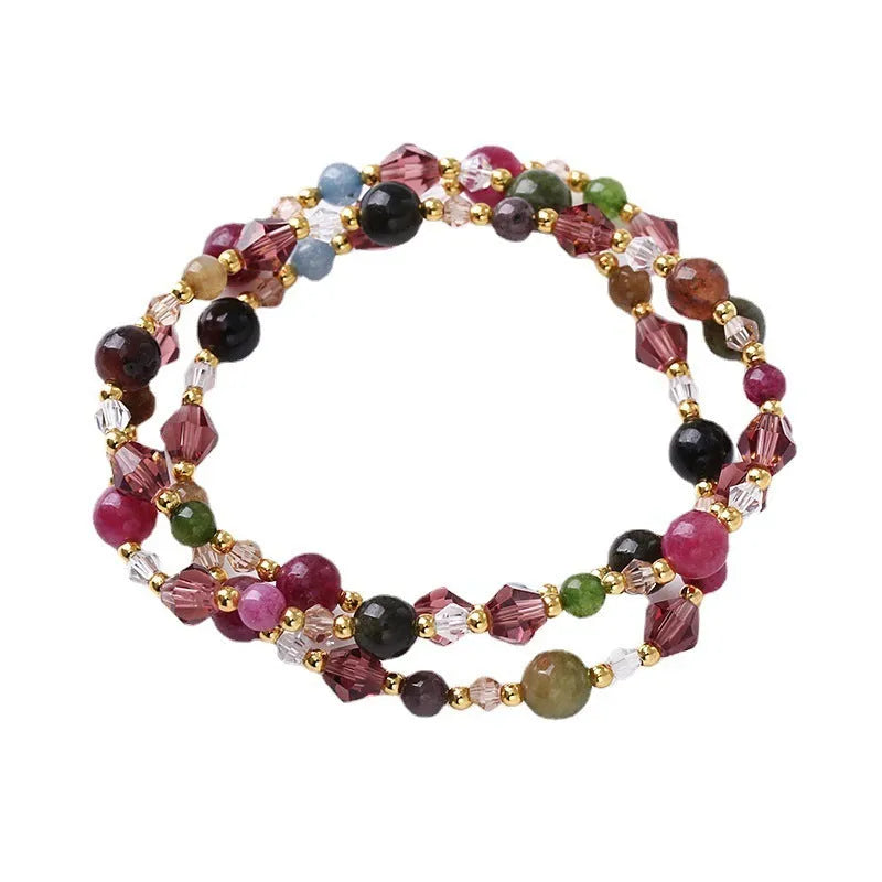 Crystal bracelet with colourful tourmaline beads on adjustable rope for women
